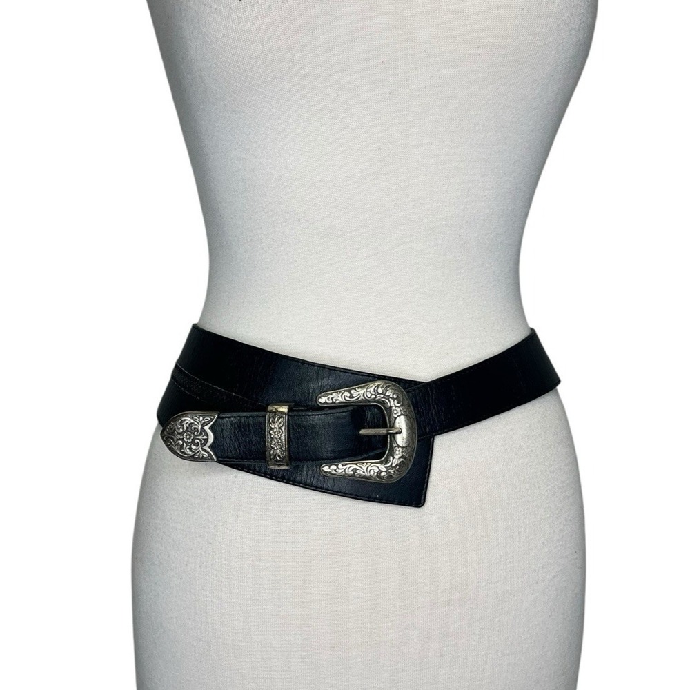 SUZI ROHER Belt Black Leather Snake Silver‎ Stretch Chain Asymmetrical Western
